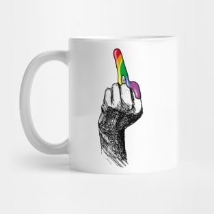 Middle finger covered in rainbow slime Mug